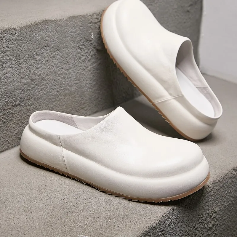 

Horse Leather Autumn And Winter Baotou Slippers Men's Birkenth Shoes Square-toe Half-drag Platform Casual Leather Shoes Men