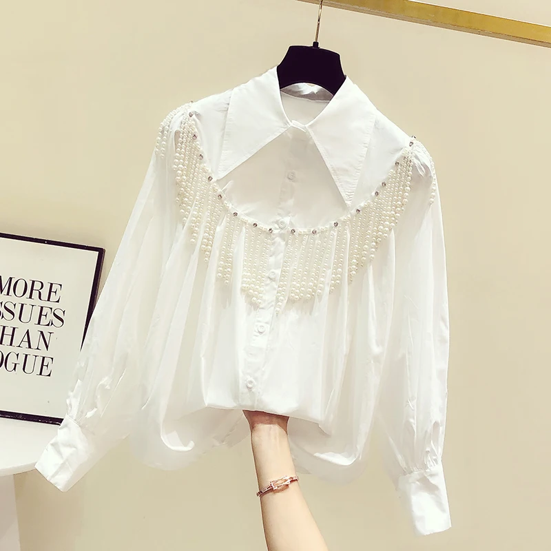 

2024 Spring Autumn Shirt New French Ruffled Stitching Shirt Women Fashion Heavy Handmade Beaded Diamond Long Sleeve Shirt Top