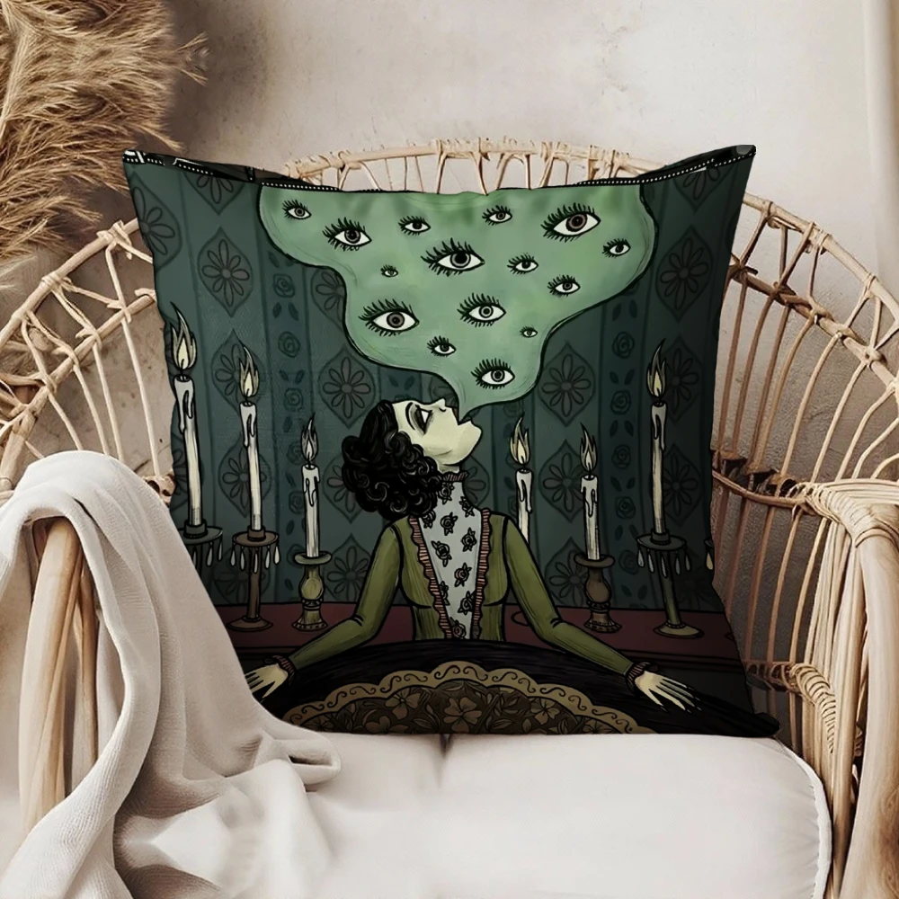 Square Throw Pillow Case Dark Green Surreal Woman With Floating Eyes And Candles Print Decorative Cushion Cover For Living Room