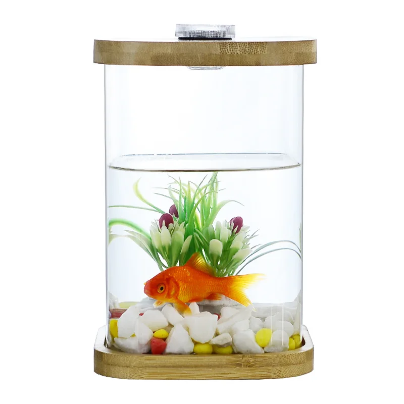 Base De tablero De bambú LED Tanque De Vidrio pecera paisajismo Pecera Betta DIY escritorio De Vidrio pequeño pecera con Control remoto