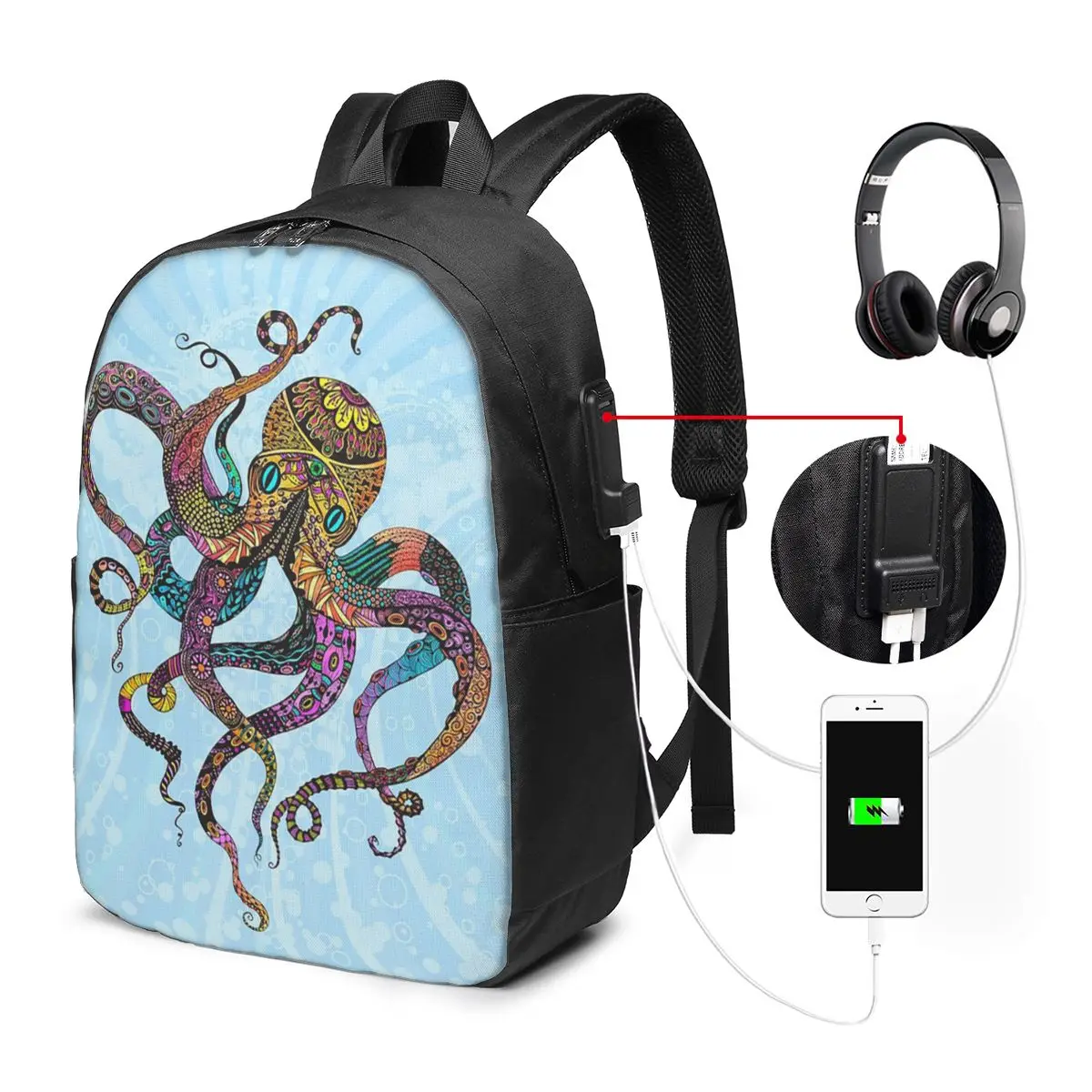 Colorful Octopus Print Backpack Travel Notebook Bag Computer College Student School Bag Laptop Shoulder Bags for Men Women
