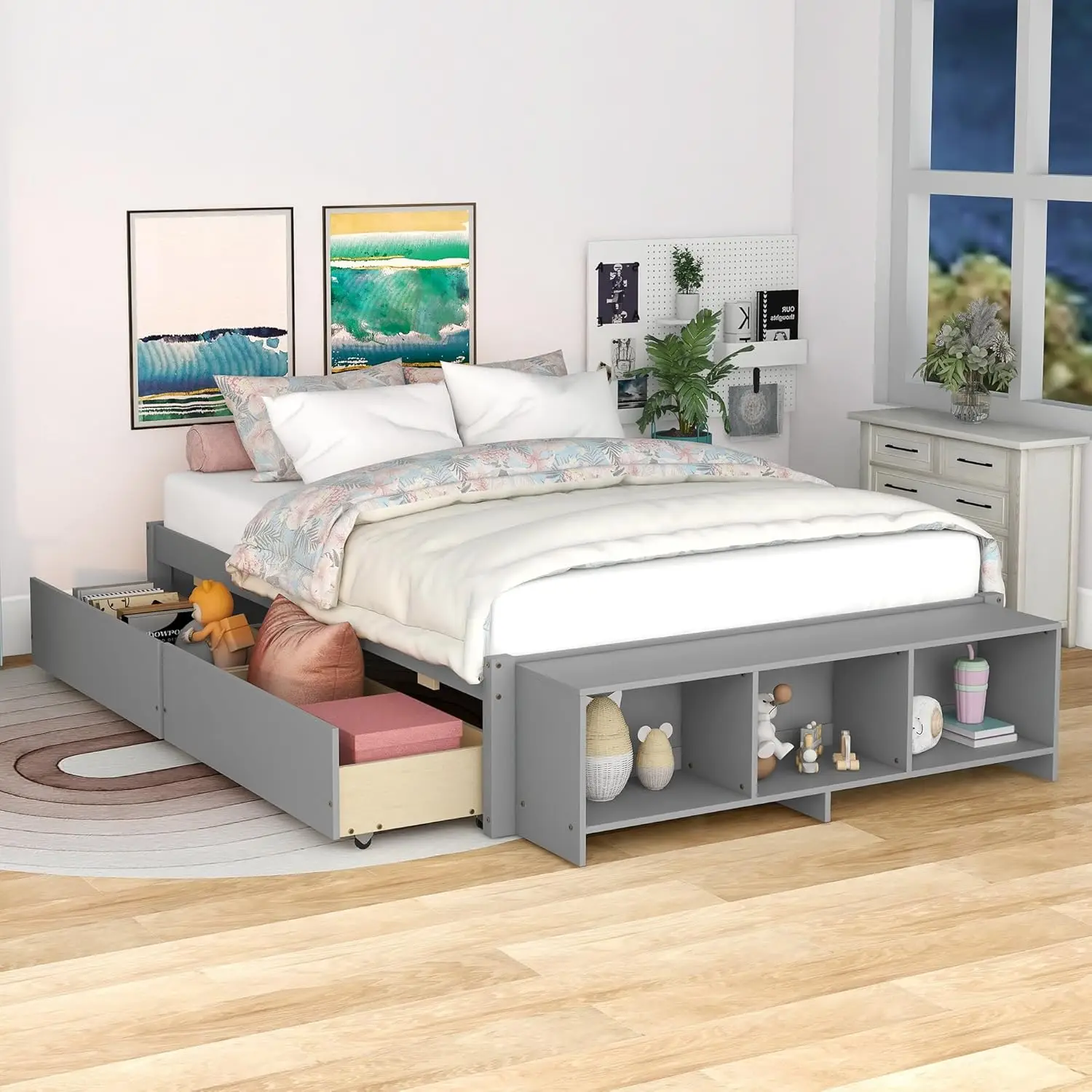 Size Bed Frame with 2 Storage Drawers,Full Kids Bed with Bed-end Storage Case,Solid Wood Full Bed Frame,Storage Platform Bed,No