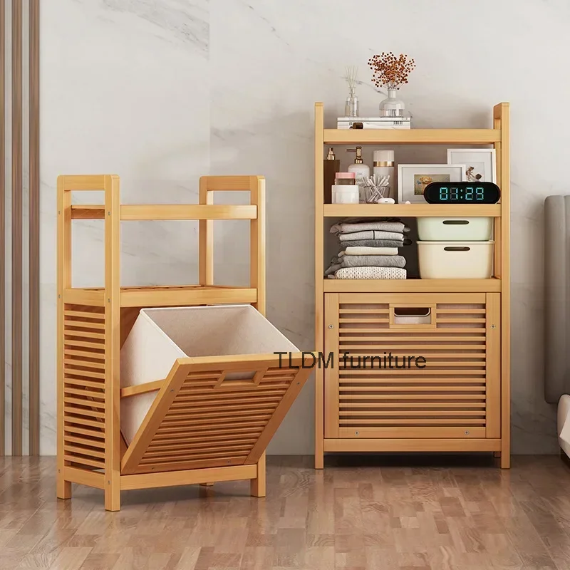 Bamboo Multi-layer Floor Type Storage Shelf Simple Bathroom Dirty Clothes Basket Multi-functional Flip Cover Storage Cabinet