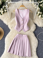 SINGREINY French 2pcs Suit Women Summer Single Breasted Basic Camisole+Zipper Design Pleated Skirt Ladies Fashion Two Pieces Set