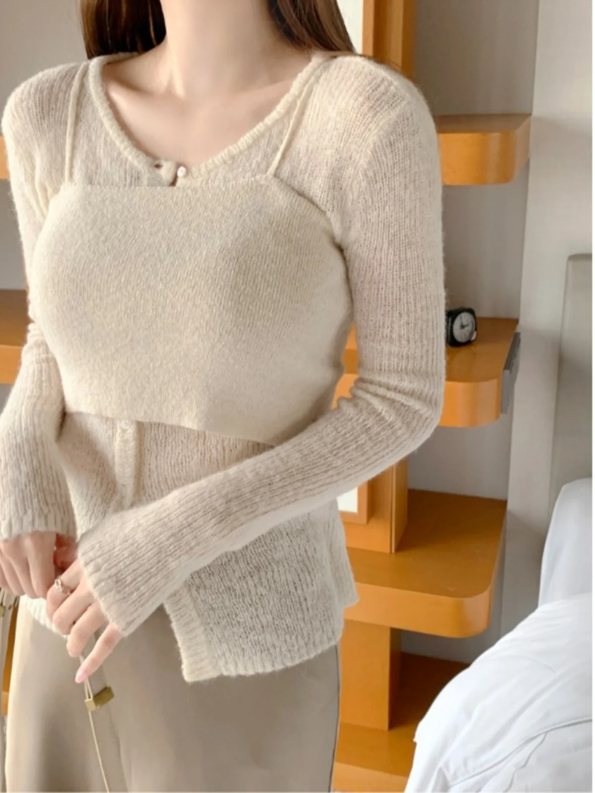 

Шикарный круглый вязаный свитер на пуговицах, простой корейский топ с длинным светом, бот из двух предметов, женская модная осенняя одежда