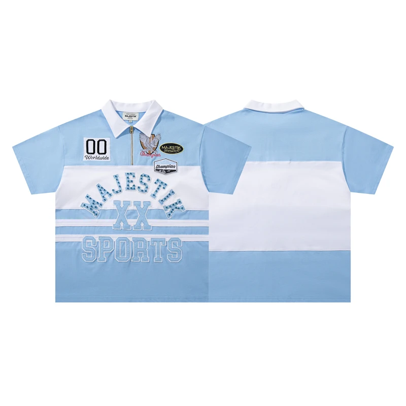 American Fashion Brand MAJESTIK T-shirts Diamond Studded Logo Print Half Pull Link Heavy-duty Embroidery Short Sleeved Shirt