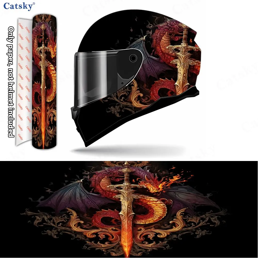 

Fiery Holy Sword and Dragon Shadow Helmet Vinyl Wraps, Waterproof Scratch-Resistant Full Face Helmet Decals, Durable PVC Decorat
