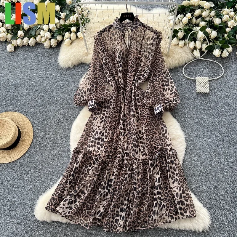 

LISM Winter dresses woman Chic vintage leopard lantern sleeve print slim Elegant fashion Sundress women clothing Long dress