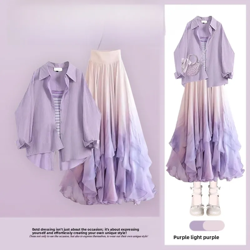 

2026 New Dopaamine Set Women's Summer Casual Long Sleeve Shirt Inner Tank Top Half Skirt Three Piece Set Fashion Ensemble