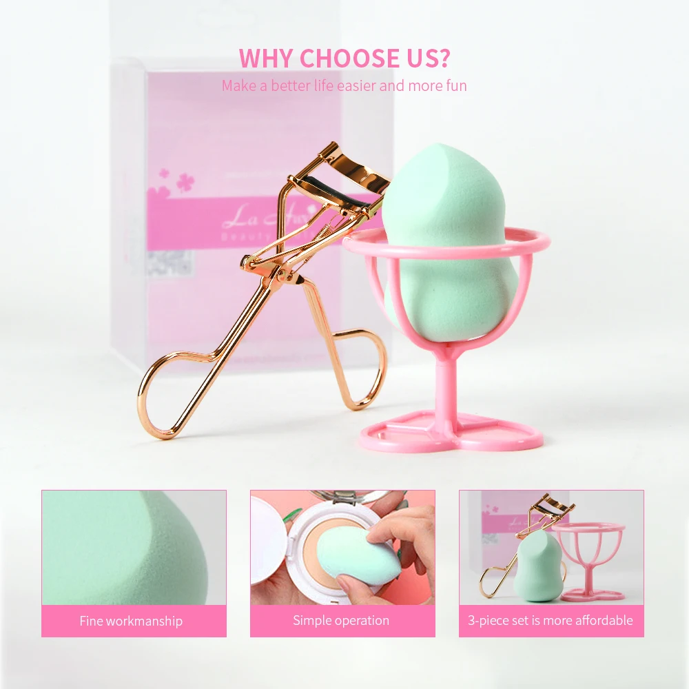 3 PCS Set Long Lasting Rose Gold Eyelash Curler Latex Free Beauty Egg Makeup Powder Puff with Blender Sponge Holder