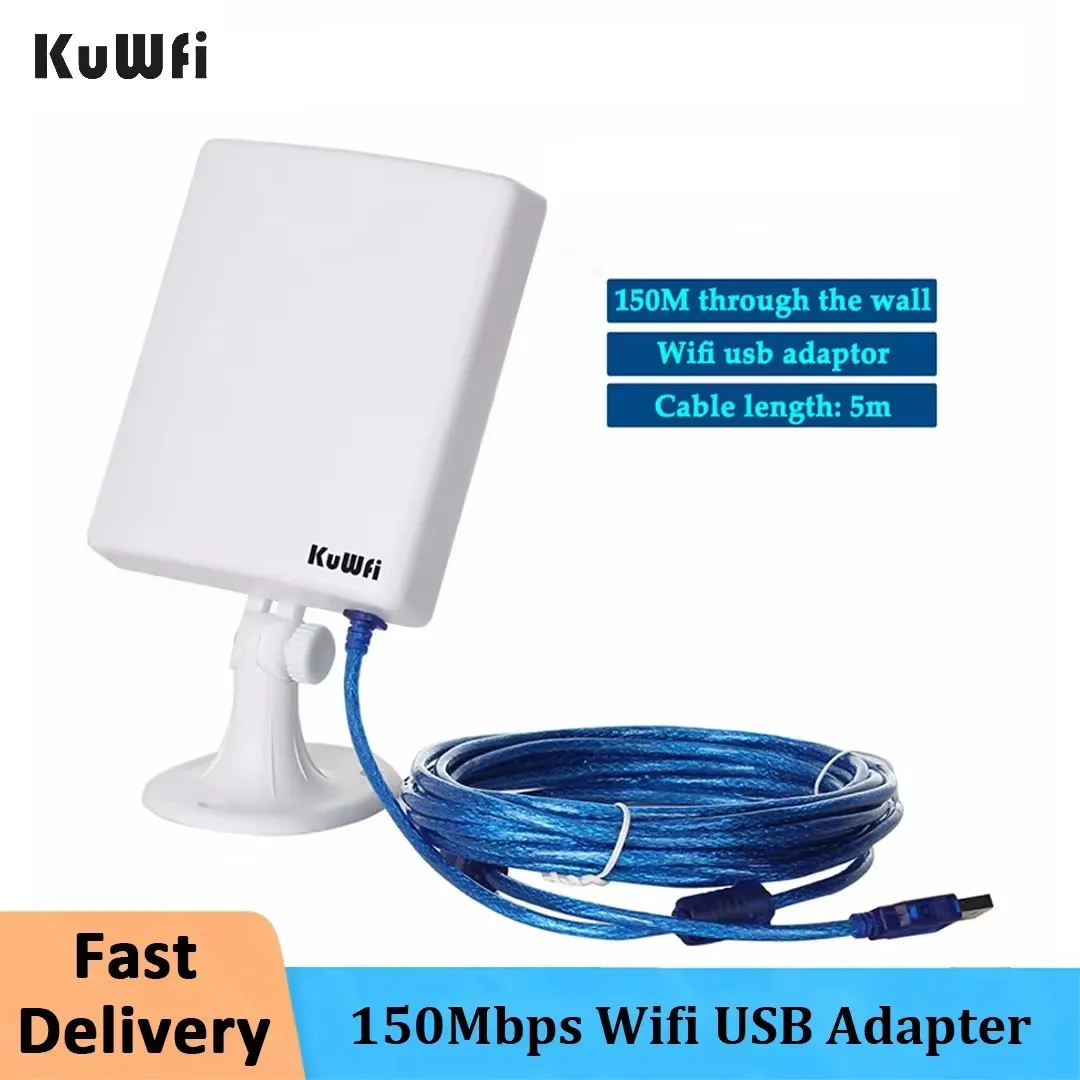 KuWfi-Adaptateur USB Wifi 150Mbps pour PC Extérieur, Récepteur Wifi, Gain ÉWer, Antenne 14dBi, Câble 5m, Carte Réseau, Haute Puissance, Étanche