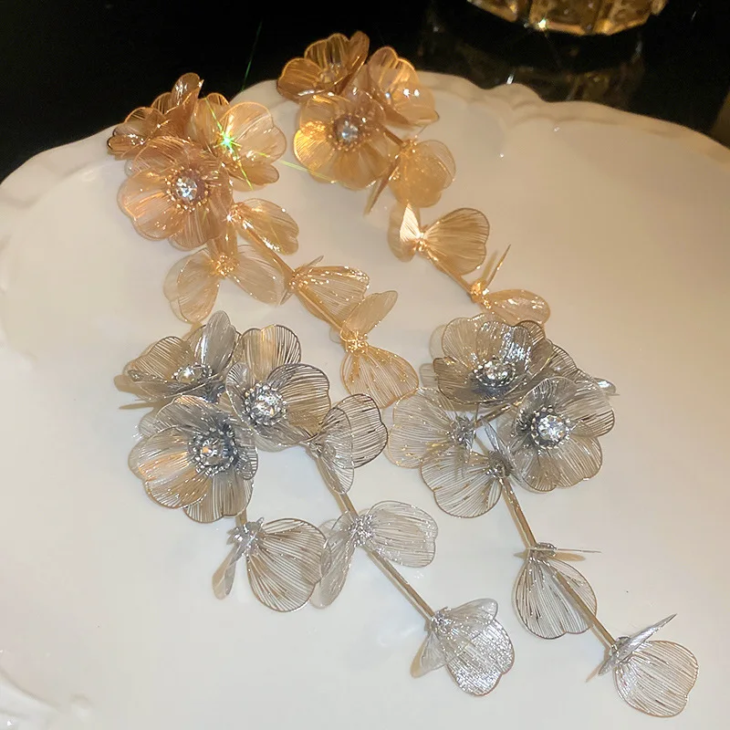 Fashion Inlaid Rhinestone Flower Long Tassel Earrings for Women Personality Exaggerated Design Earrings Temperament Jewelry image 5