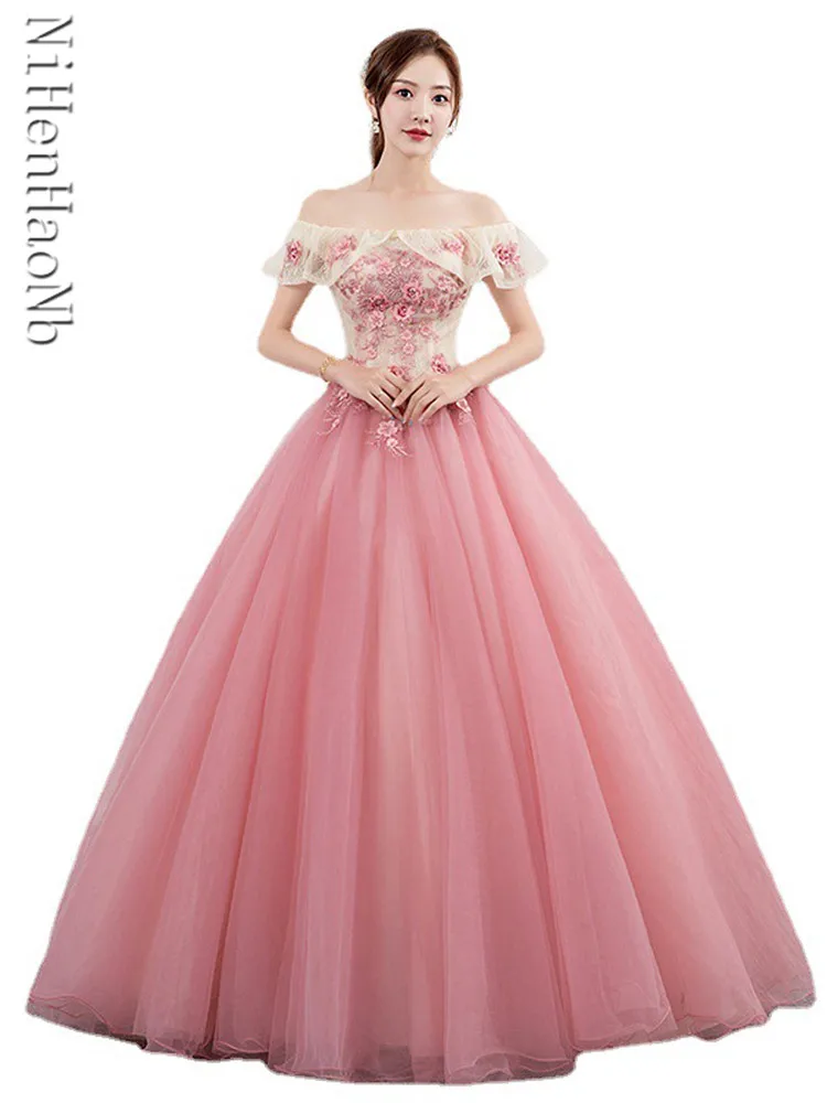 

New Light Pink Long Sweet Women Princess Quinceanera Dresses Bridesmaid Banquet Party Ball Performance Dress Gown