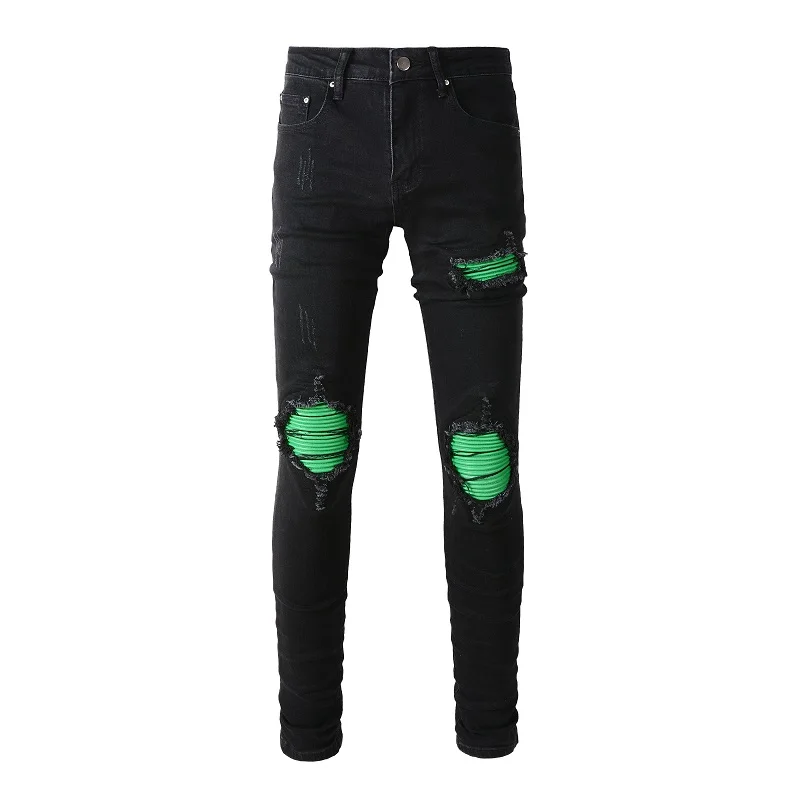 High Street  Men's Ripped Black Jeans Slim Fit Hole Skinny Splicing Green Leather Big Boys New Rock Denim Hip Hop Pants A1340