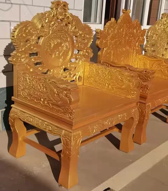 Antique solid wood carving flower high-end luxury boss chair dragon chair zen elm throne meditation Buddha statue