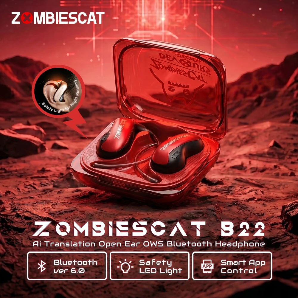 

Zombies Cat B22 OWS Ear Hook Headphones Ai Translation Bluetooth 6.0 Earphone Sport Headset with Safety Light for Night Running
