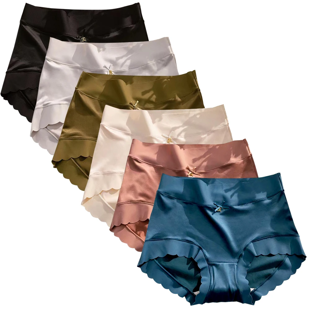 6pcs Woman Panties Ice Silk Light Lingerie Lace Briefs Sexy Simple Silk Fabric Elastic Hip Lift smooth Soft Silky Underwear