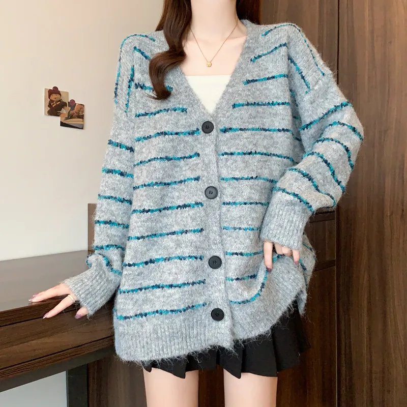 

Women striped button Knit long sleeve loose Elegant Chic French sweater Plus Size Clothing women clothing