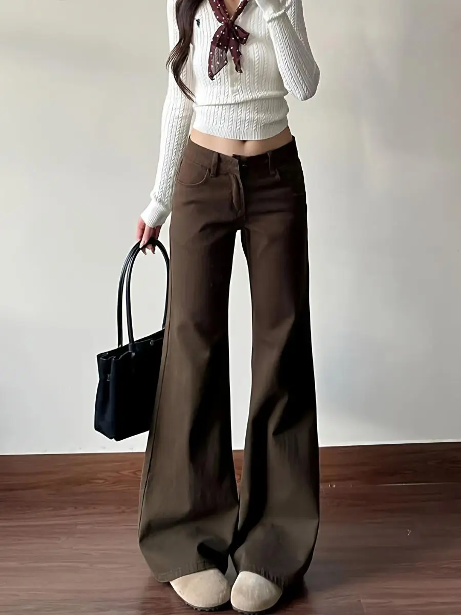 

Женские широкие брюки с низкой талией, весенние ретро микро-клеш, кофейные джинсы Y2K Spicy Girl, американская уличная одежда, свободные повседневные брюки