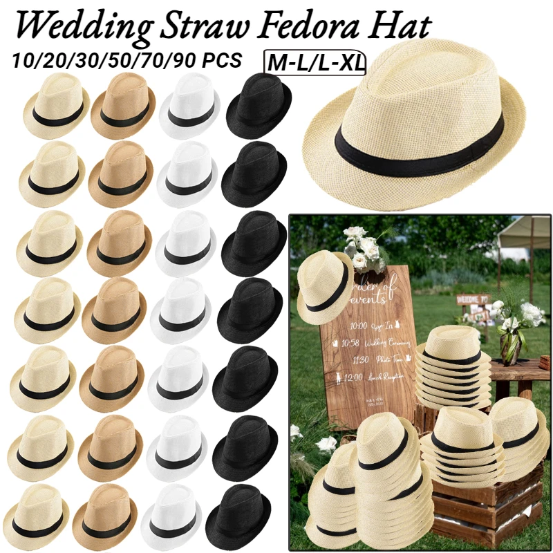 Chapéu fedora de palha para homens e mulheres, chapéu panamá para festa de casamento, para convidados, trilby, praia, aba curta, lembranças de aniversário de casamento, 10-90 peças