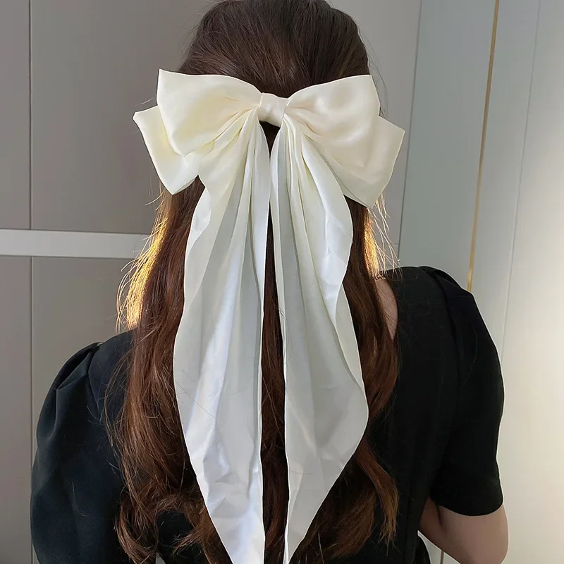 Elegant Big Bow Ribbon Beige Long Hair Clips for Women Fashion Simple Solid Satin Hair Pin Retro Headwear Girls Hair Accessories