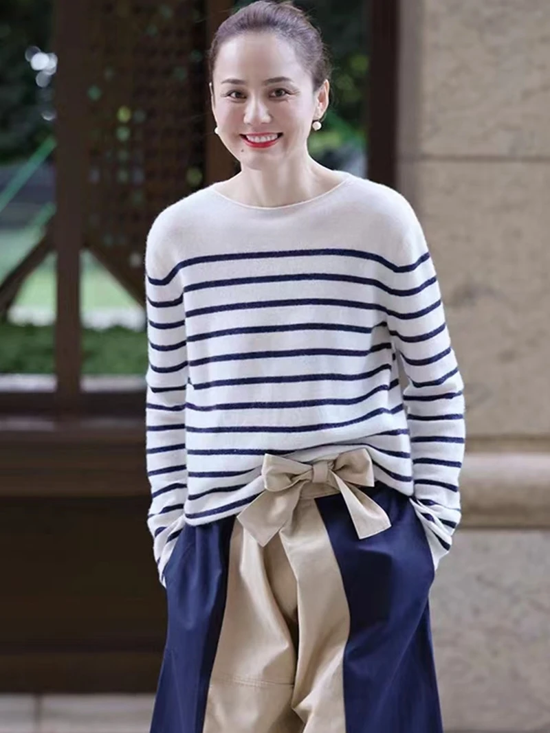 

Тонкий свитер в полоску из 100% кашемира с круглым вырезом, женский свитер, осенние и зимние модели