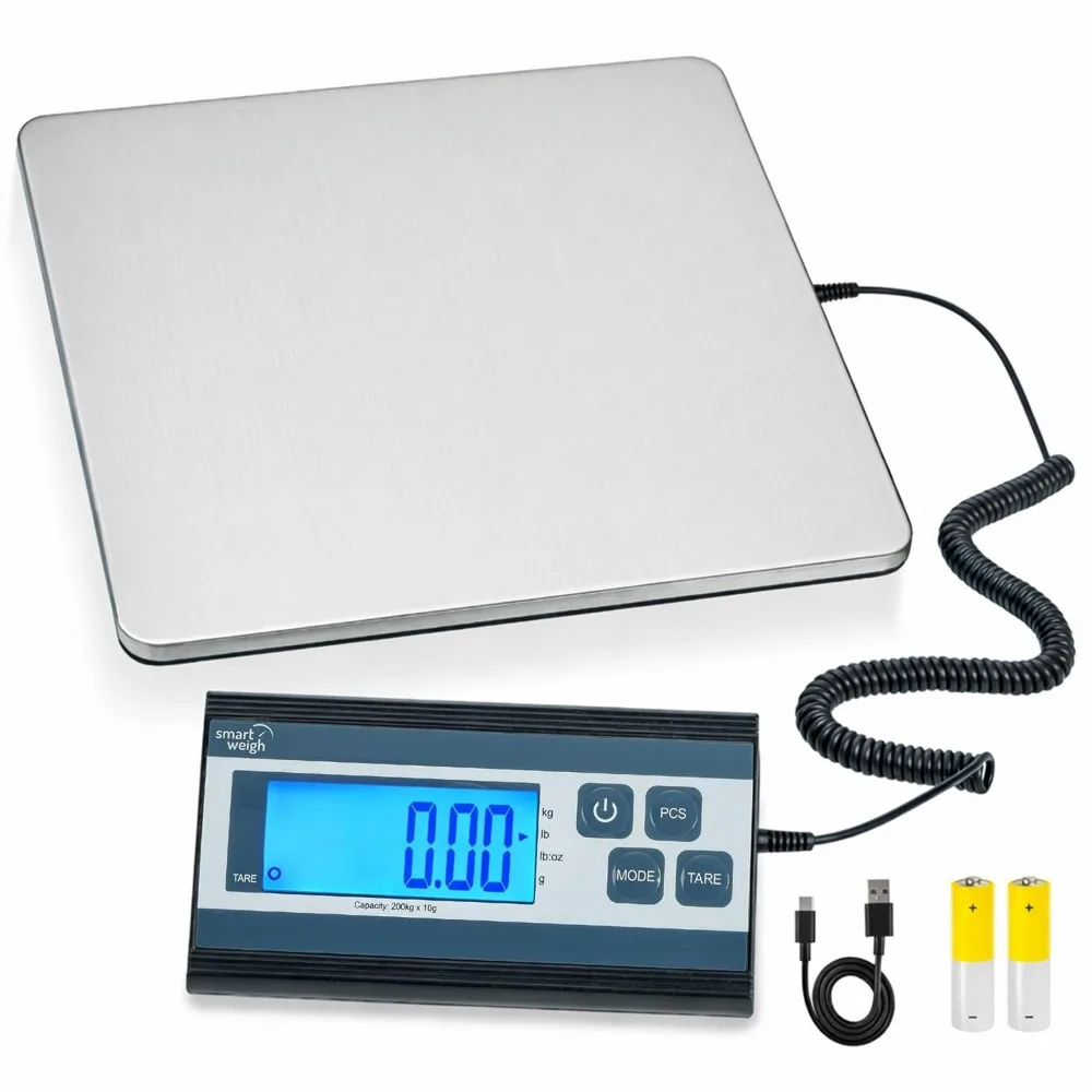 

Digital Postal Shipping Scale 440lb Capacity 1oz Accuracy Hold Tare Battery USB-C Power Stainless Steel Platform