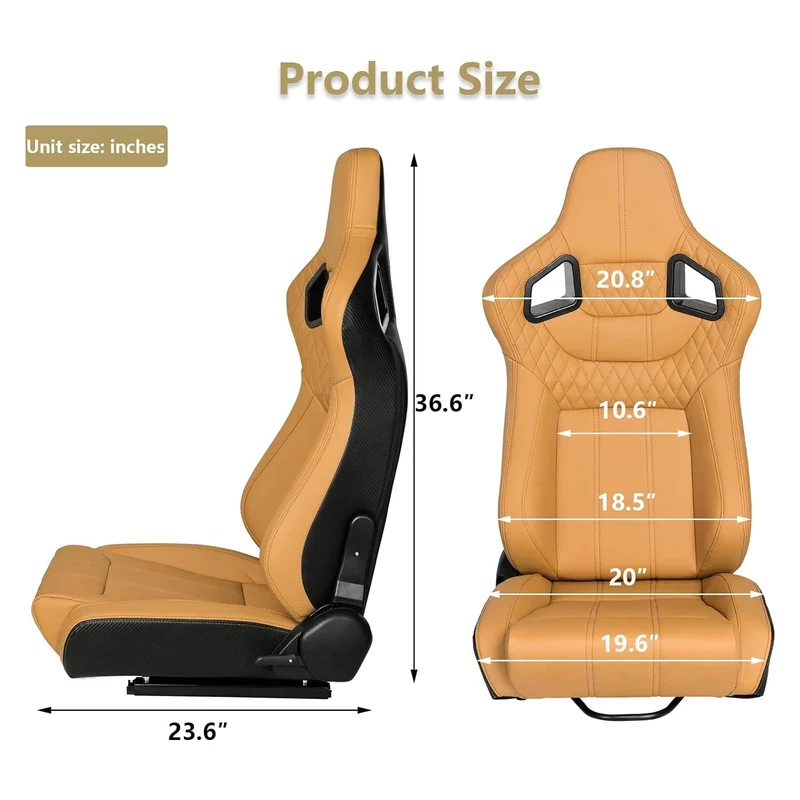 

2 PCS Universal Racing Bucket Seats, Dual Lock Sliding Rails, Yellow PVC Leather, 210 Degree Adjustable Backrest, Fit Modified V