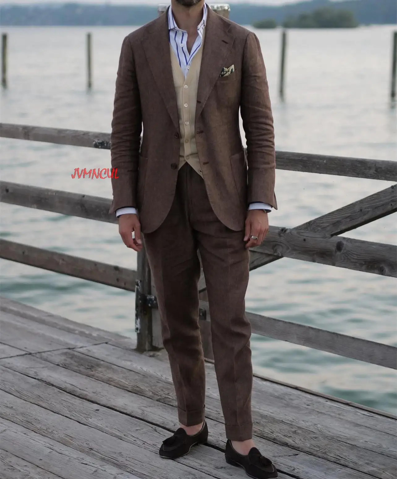 Traje de lino de 2 piezas para hombre, chaqueta ajustada de un solo pecho, conjunto de Blazer de café marrón, chaqueta de caballero con pantalones,