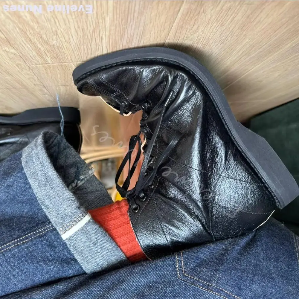 Leather High-top Casual Couple Shoes Men Round Toe Lace Up Hook & Loop Retro Flat Sneakers 2025 Solid New Classic Ankle Boots
