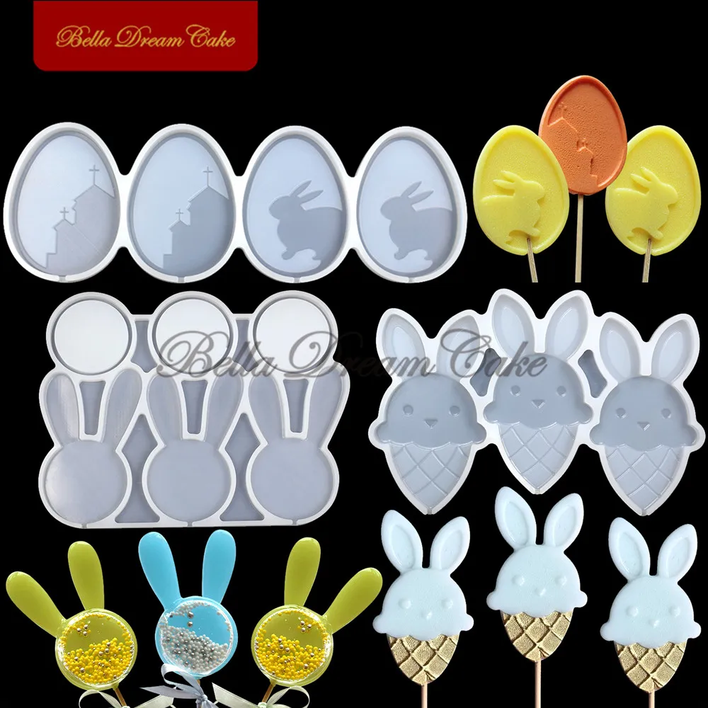 3D Easter Cartoon Bunny/Egg Design Lollipop Silicone Mold DIY Rabbit Candy Chocolate Topper Mould Cake Decorating Tools Bakeware