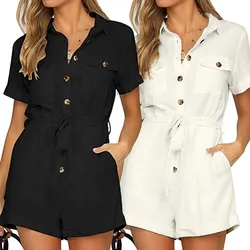 Women's Button Down Cuffed Short Sleeve Jumpsuits Fashion Casual Boho Playsuit Overalls Summer Solid Color Jumpsuit Rompers