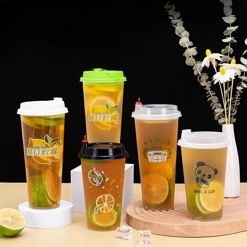 25 Sets Printed Disposable 90 Caliber Milk Tea Cups 500/700ML Plastic Frosted Cup with Lid Juice Coffee Takeaway Packaging Cup