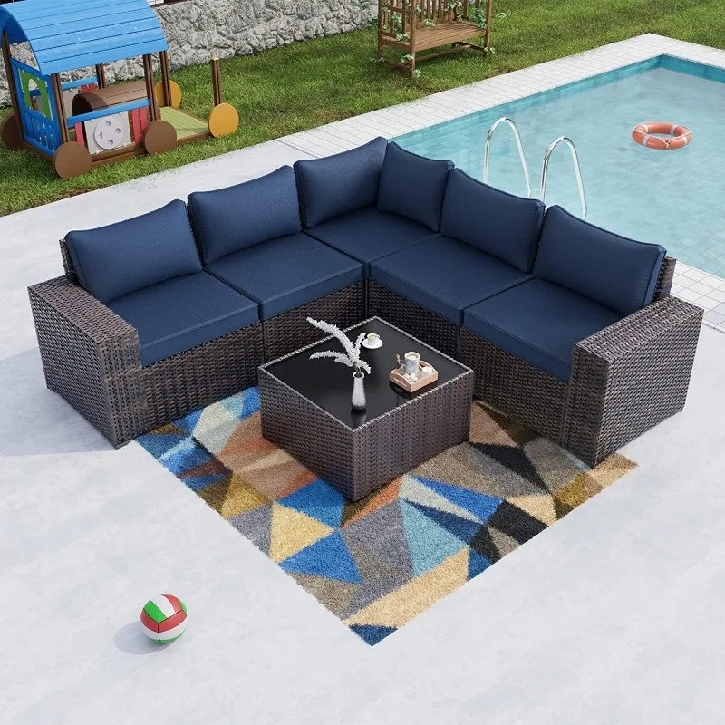 Kullavik 6PCS Outdoor Patio Furniture Set PE Wicker Rattan Sectional Sofa Patio Conversation Sets,Navy Blue