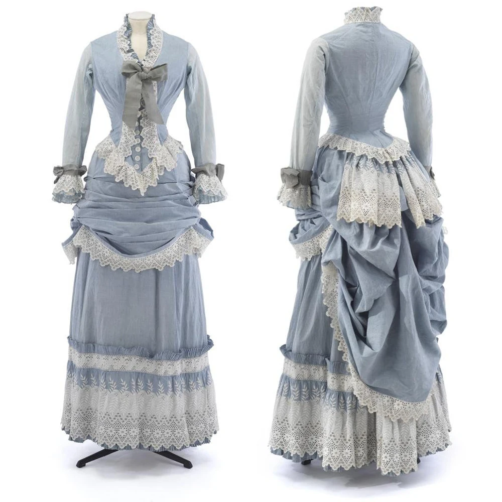 Rokoko-Spitzen-Polonais-Kleid aus den 1872er Jahren, viktorianisches edwardianisches Herzogin-Kleid mit Schleppe, Nachmittagskostüm, Ballkleid im Stil der Südstaaten-Belle aus dem Bürgerkrieg