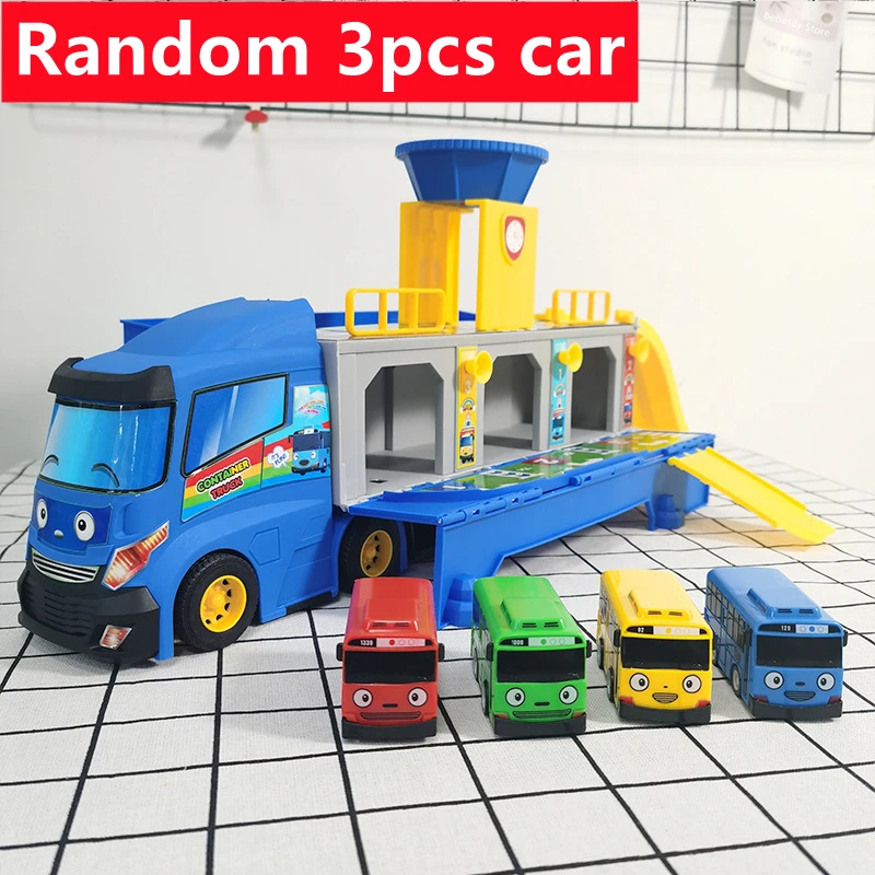 Cartoon Tayos The Little Bus Container Truck Storage Box Parking Lot With 3 Pull Back Mini Car Toys For Children Birthday Gifts