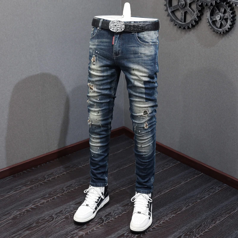 Newly Designer Fashion Men Jeans Retro Black Blue Elastic Slim Fit Painted Ripped Jeans Men Patched Vintage Denim Pants Hombre