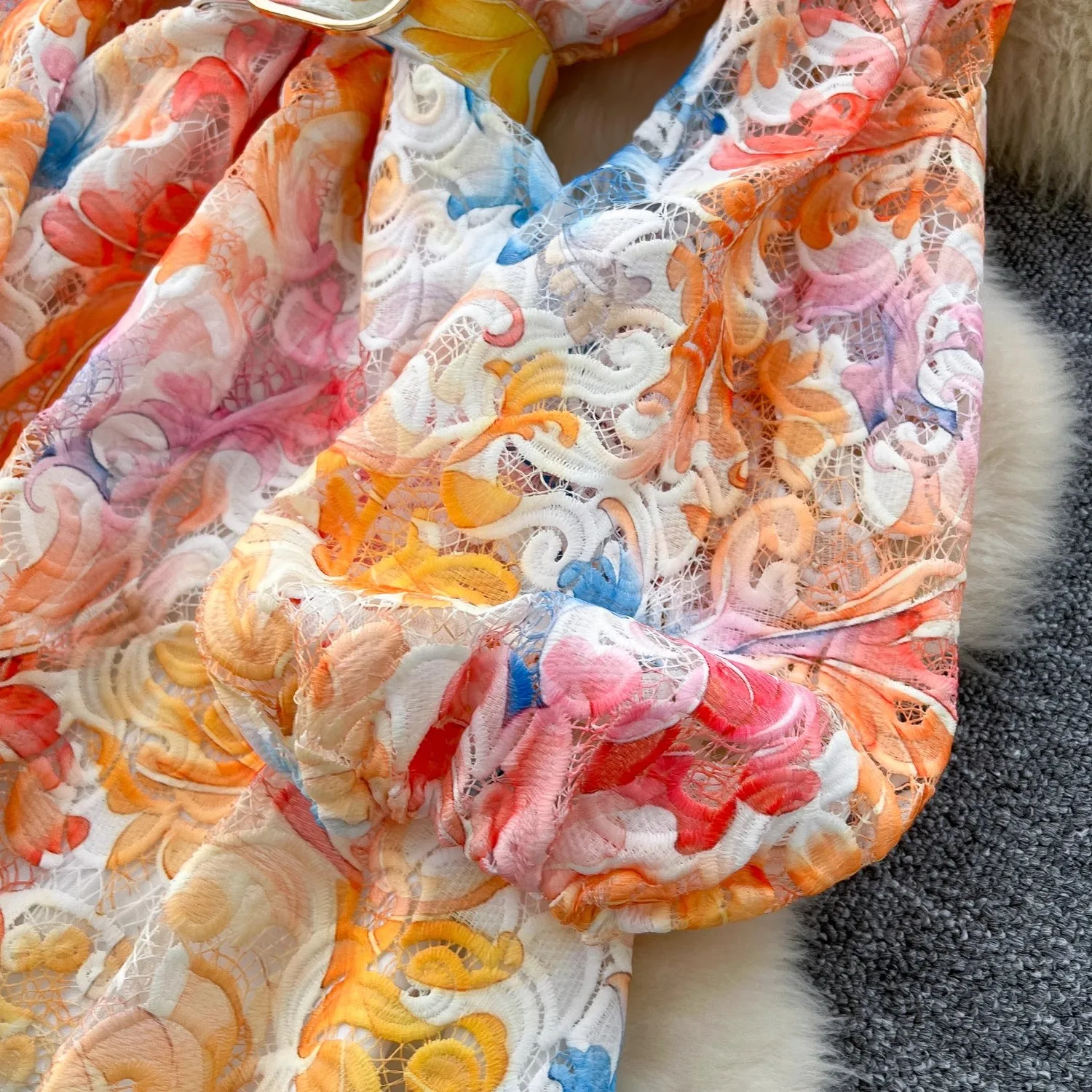Crochê renda bordado oco para fora floral impressão maxi vestido outono feminino manga longa lanterna pérola botões até cinto roupas de baile