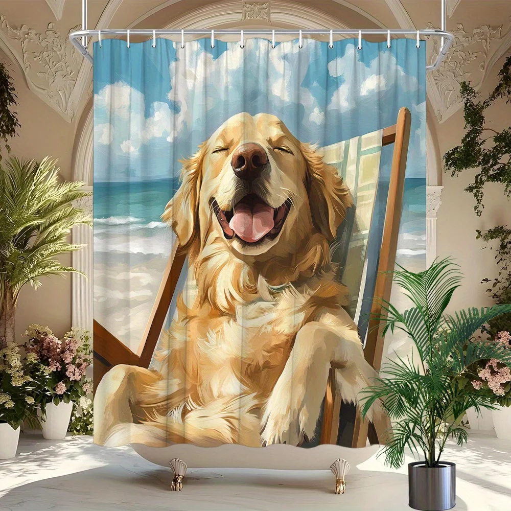 Large Dog Portrait Shower Curtain Beach Scene Golden Retriever Happy Pet Bathroom Decor Waterproof Shower Curtain