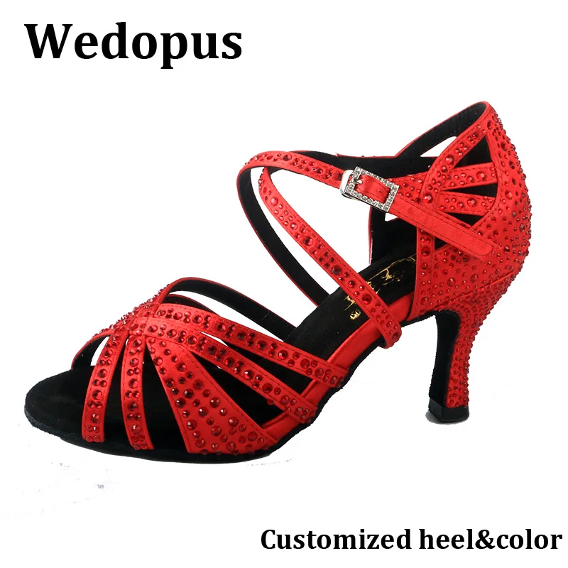 

Wedopus Customized Latin Dance Shoes Women's Red Satin Shiny Crystals Cuban High Heels 9CM Salsa Dance Shoes Sandals Suede Sole