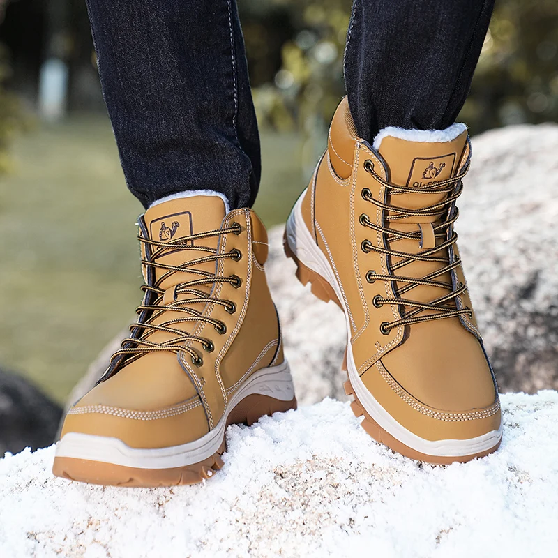 Brand Winter Leather Men Boots Plush Warm Men Snow Boots Outdoor Non-slip Hiking Boots Men Winter Shoes Men Sneakers Size 39-48