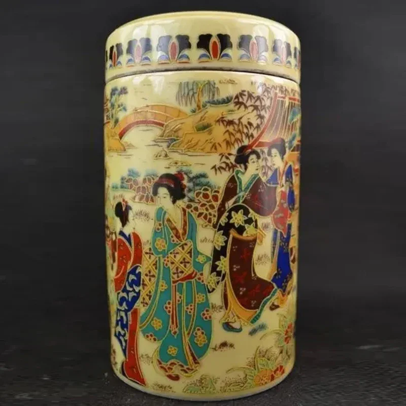 Exquisite Chinese Old Collectible Handmade Porcelain Painted with Japanese Dowager Big Pot Tea Caddie