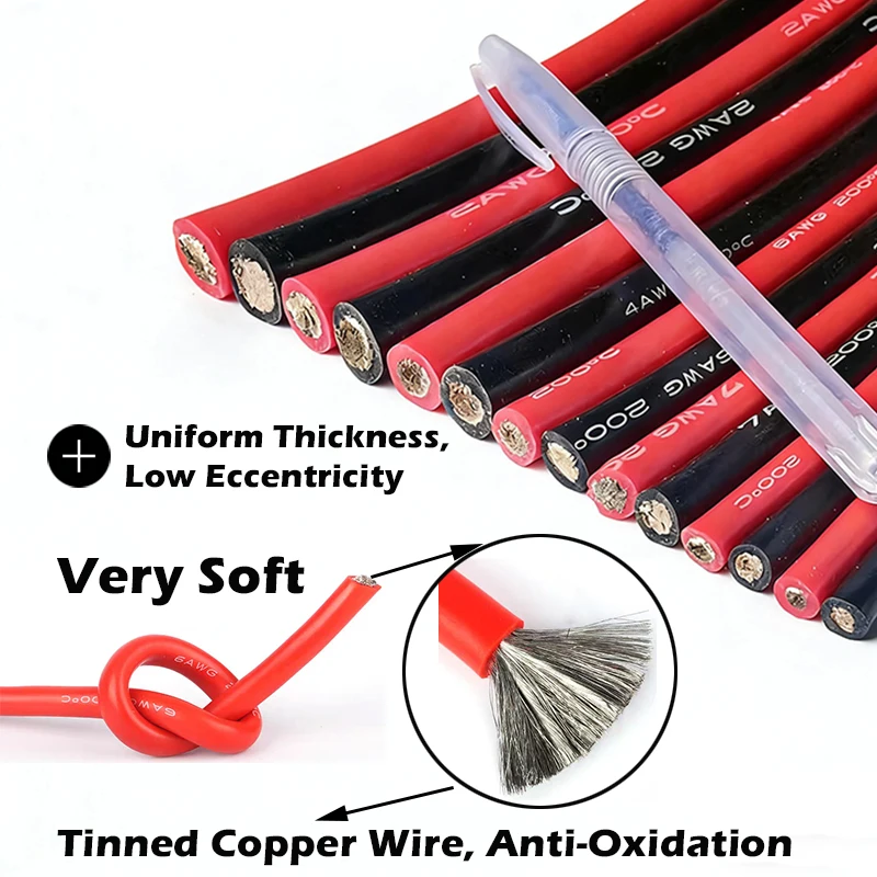 10 8 7 6 4 2 0AWG Red And Black Super Soft Silicone Tinned Copper Wire Cable With M6 M8 M10 Terminal Lug For Inverter Car Solar