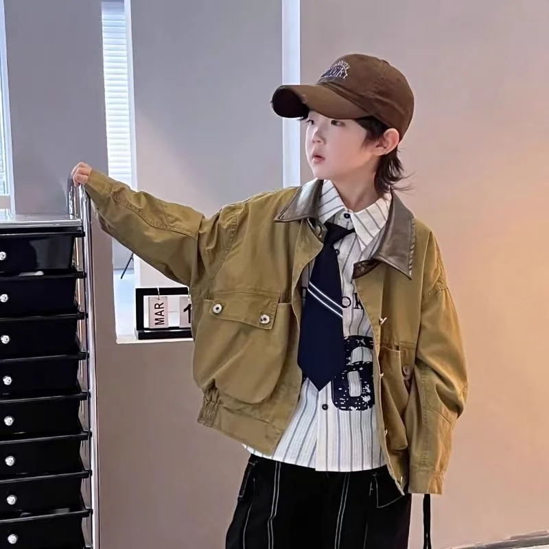 

Children's American Retro Distressed Large Pocket Jacket 2025 Autumn New Boby Trend Brand Loose Collar Workwear Jacket
