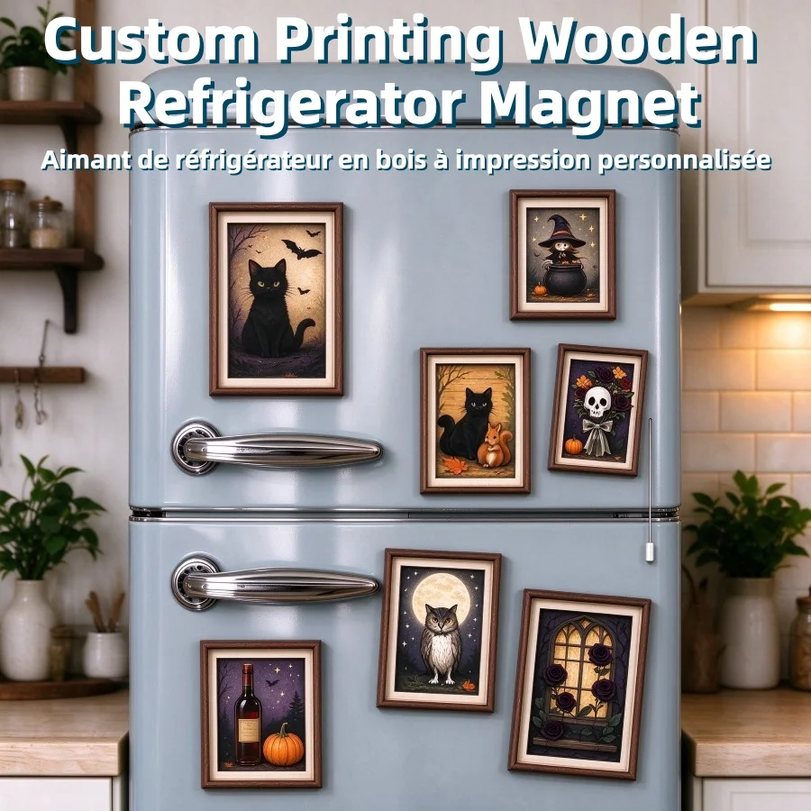 Custom Printing Wooden Refrigerator Magnet Eco-Friendly Handmade Retro Style Wooden Photo Frame Fridge Magnet Gift Decor