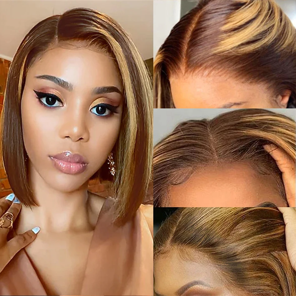 Destaque Straight Bob Wig para Mulheres, T Part Lace Front Perucas, Ombre, 4x4 Lace Wigs, Brazilian Remy Hair, Short Bob Perucas de Cabelo Humano