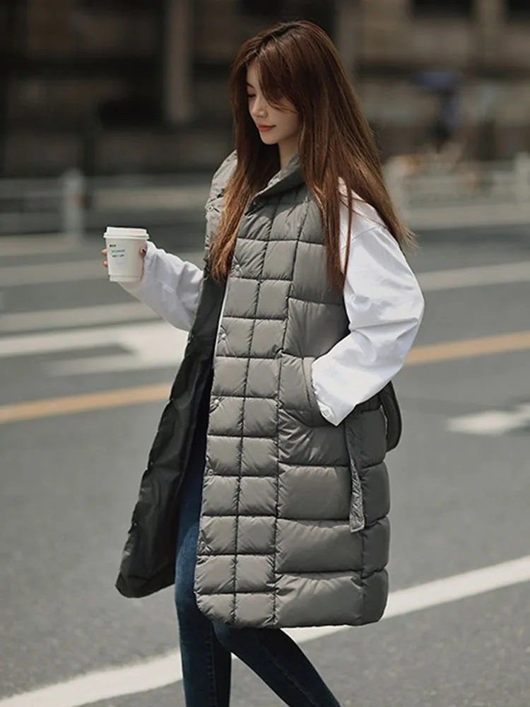 Autumn Winter Waistcoat Women Long Vest Parka Down Cotton-padded Jacket Sleeveless Hooded Outerwear Female Loose Belt Warm Coats