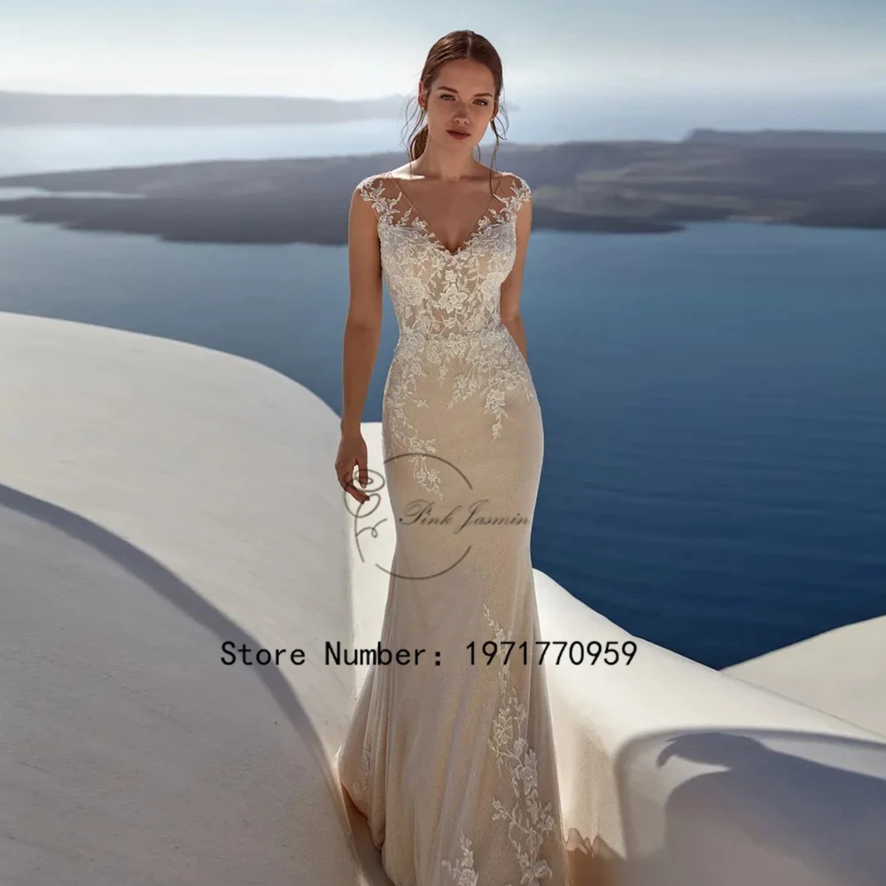 

Mermaid Ivory V Neck Sleeveless Wedding Dress Appliques Tulle Elegant Charming Open Back With Zipper Court Train Bride Gowns