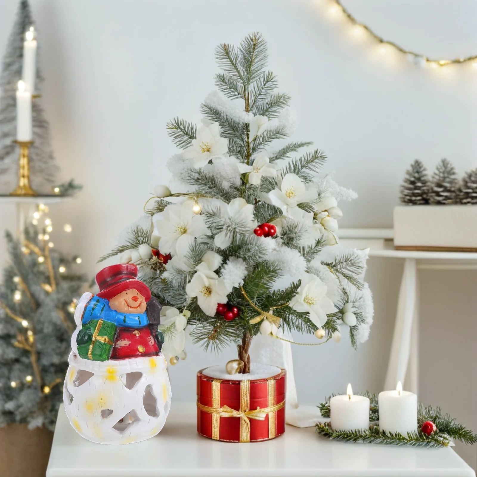 

LED Christmas Snowman Centerpiece Resin Decorative Lamp Holiday Table Sculpture Lighted Snowman Night Light Winter Decor