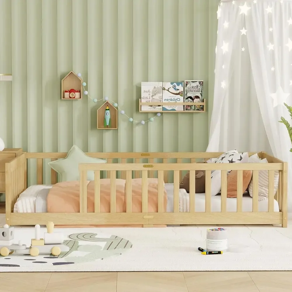 

Twin Size Kids Floor Bed without Door and Safety Rails, Wooden Beds for Boys and Girls, Natural